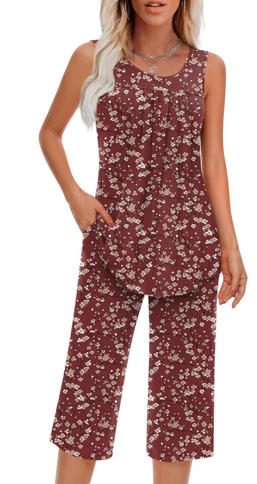 Findsweet Women Pajamas Sets Loungewear Soft Sleepwear Two Piece Summer Sleeveless Pjs Tank Top Pants with Pocket S-4XL