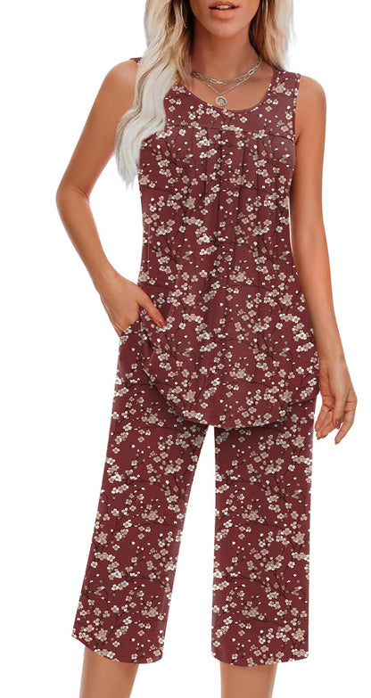 Findsweet Women Pajamas Sets Loungewear Soft Sleepwear Two Piece Summer Sleeveless Pjs Tank Top Pants with Pocket S-4XL