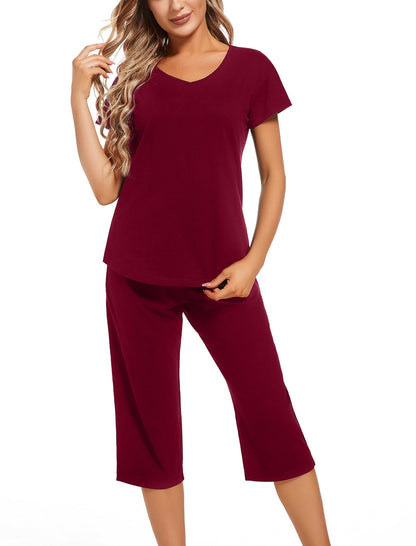 ENJOYNIGHT Womens Pajama Set Cotton Short Sleeve Top With Capri Pants Pj