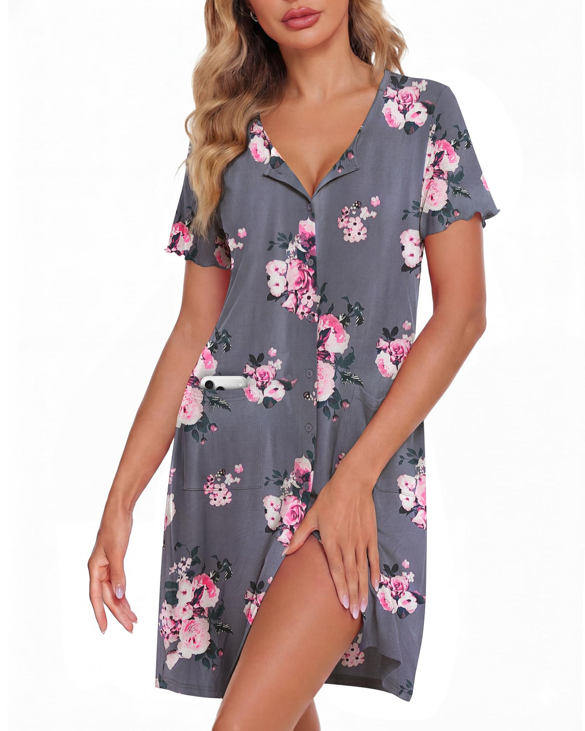 ZOOSIXX Nightgowns for Women - Short Sleeve Sleepwear Button Up Pajamas for Women V-Neck Sleepwear Dress with Pockets