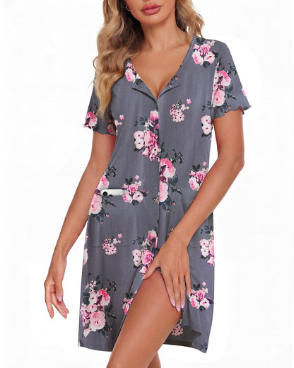 ZOOSIXX Nightgowns for Women - Short Sleeve Sleepwear Button Up Pajamas for Women V-Neck Sleepwear Dress with Pockets