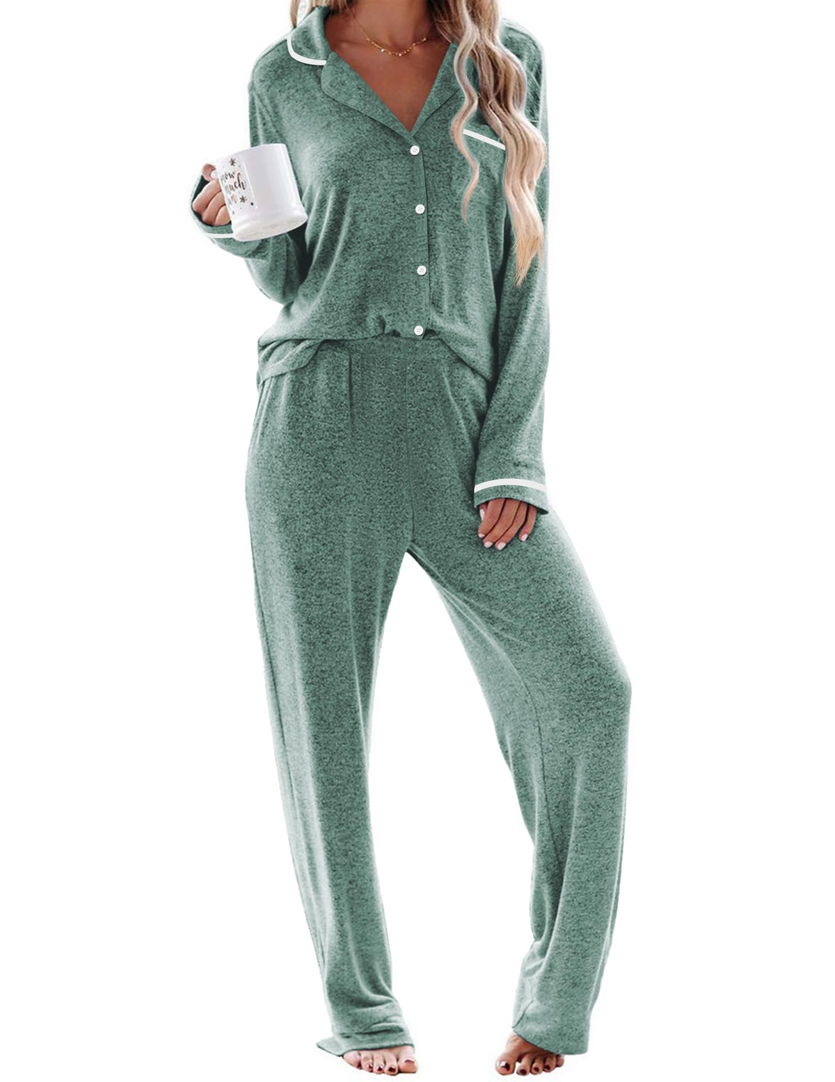 Ekouaer Womens Pajama Sets Long Sleeve Button Down 2 Piece Lounge Set