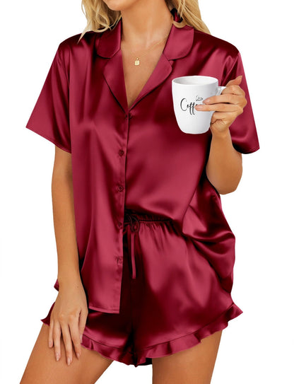 HOTOUCH Womens Satin Pajamas Set Button Down 2 Piece Ruffle Shorts Set