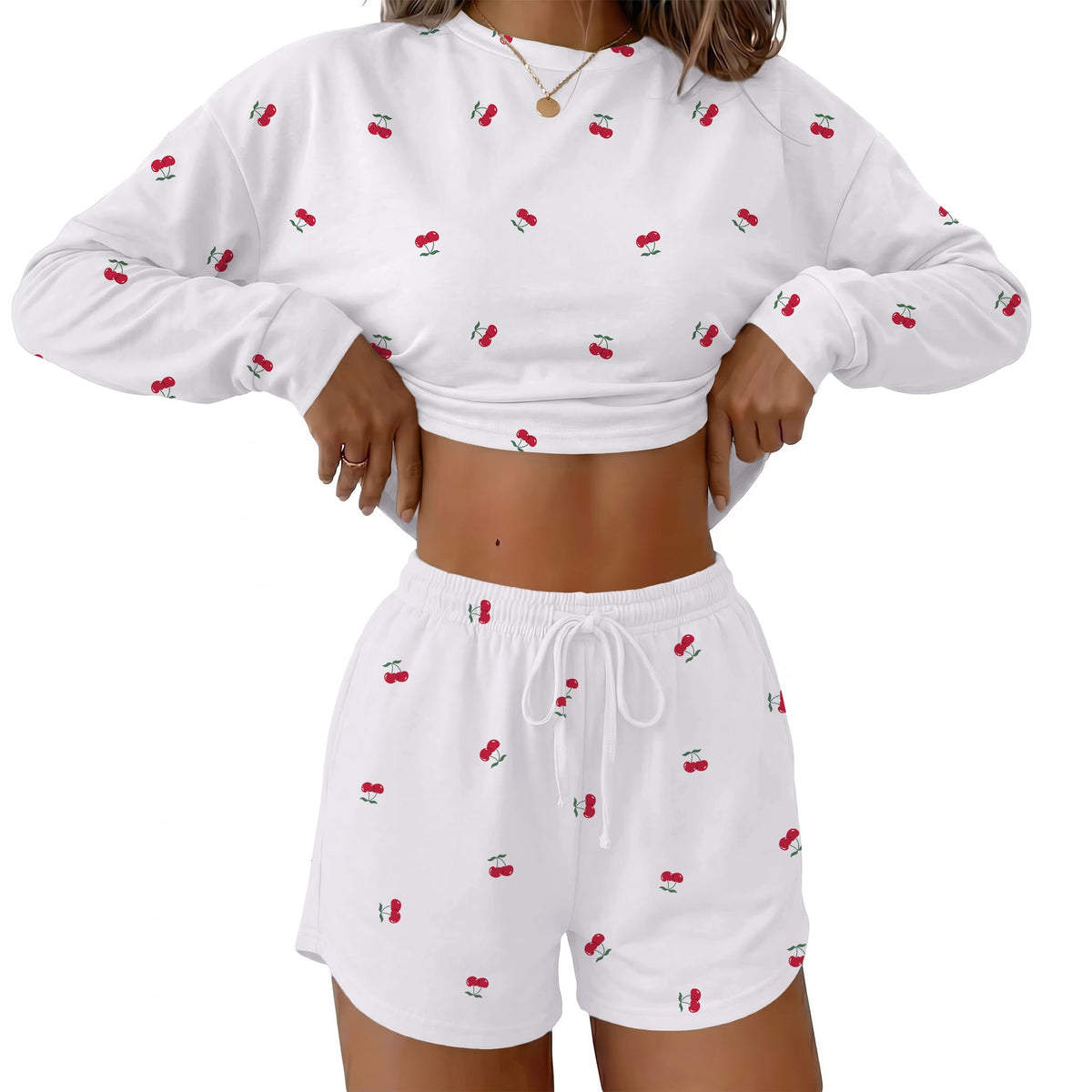 Ekouaer Womens Pajama Sets Long Sleeve Top and Shorts Lounge Set Sleepwear