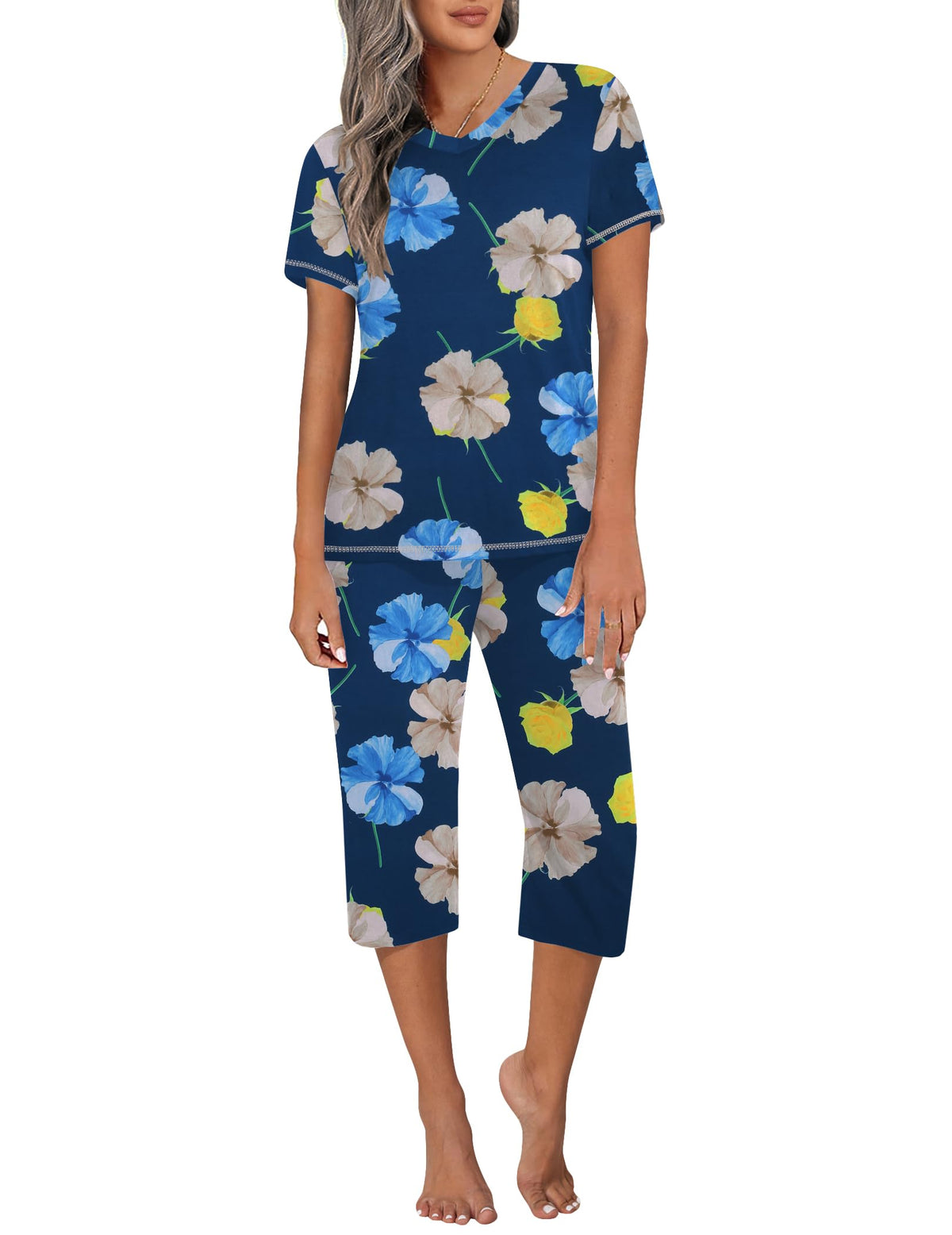 Ekouaer Women's Capri Pajama Sets Short Sleeve Two Piece Summer Lounge Sets