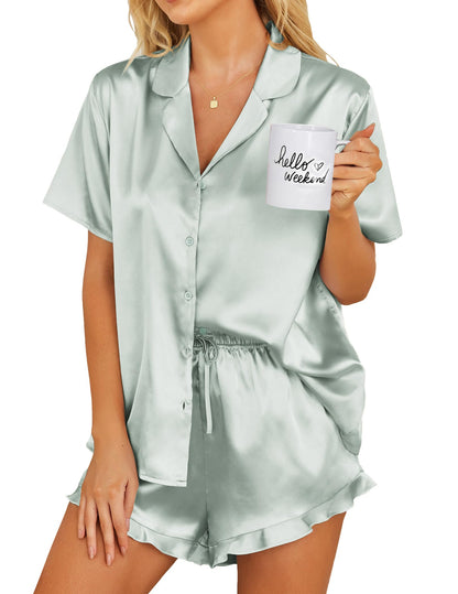 Ekouaer Womens Satin Pajamas Set Button Down Silk Pj Shorts Set with Ruffle