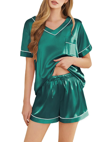 Silk Pajamas for Women Short Sleeve Satin 2 Piece Pj Set Soft V Neck Sleepwear Loungewear, S-XXL