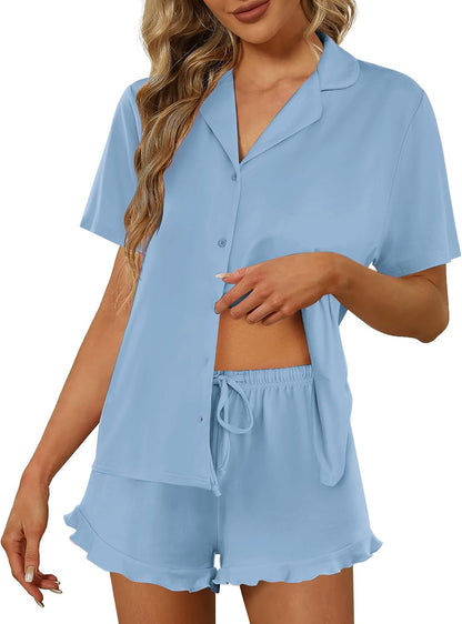 Ekouaer Pajamas Set for Women Short Sleeve Sleepwear Button Down Ruffle Pjs