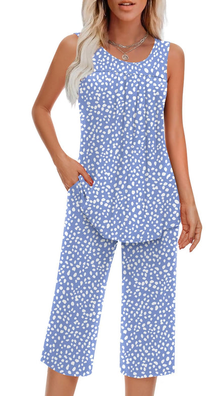 Findsweet Women Pajamas Sets Loungewear Soft Sleepwear Two Piece Summer Sleeveless Pjs Tank Top Pants with Pocket S-4XL