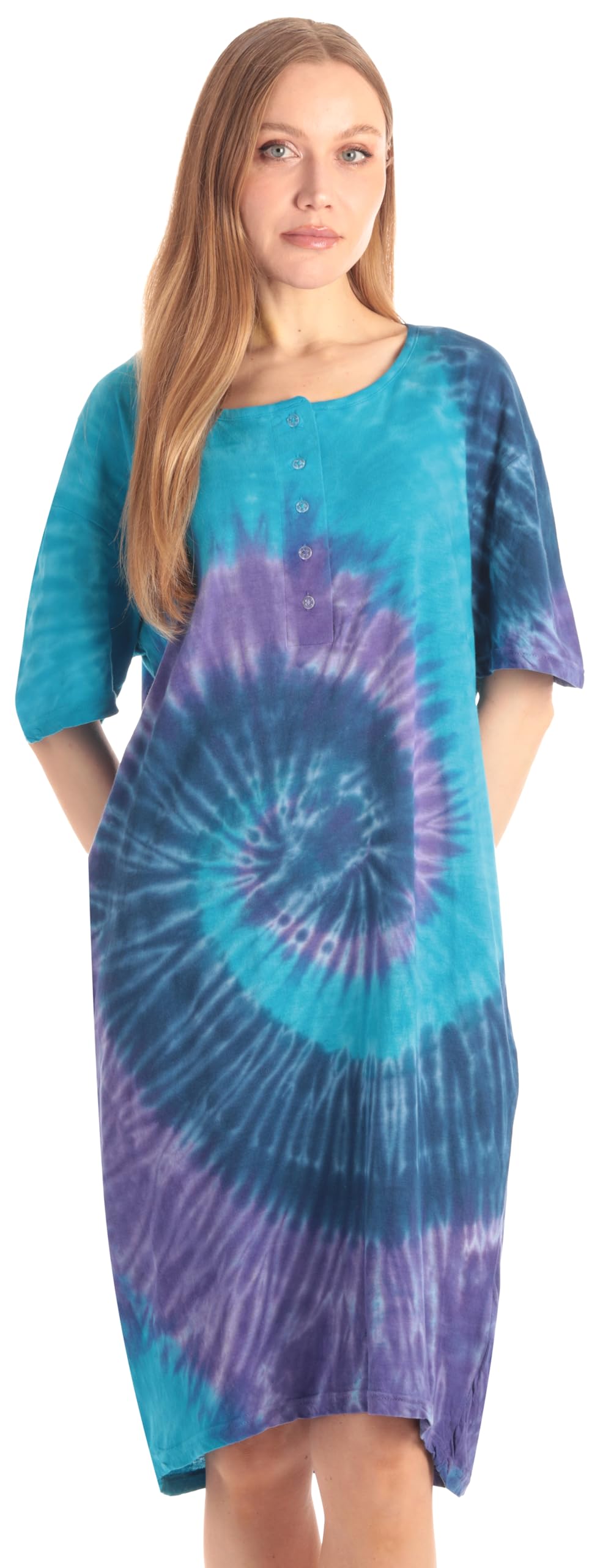 Just Love Women's Tie Dye Nightgown, 100% Cotton Short Sleeve Henley Sleep Shirt