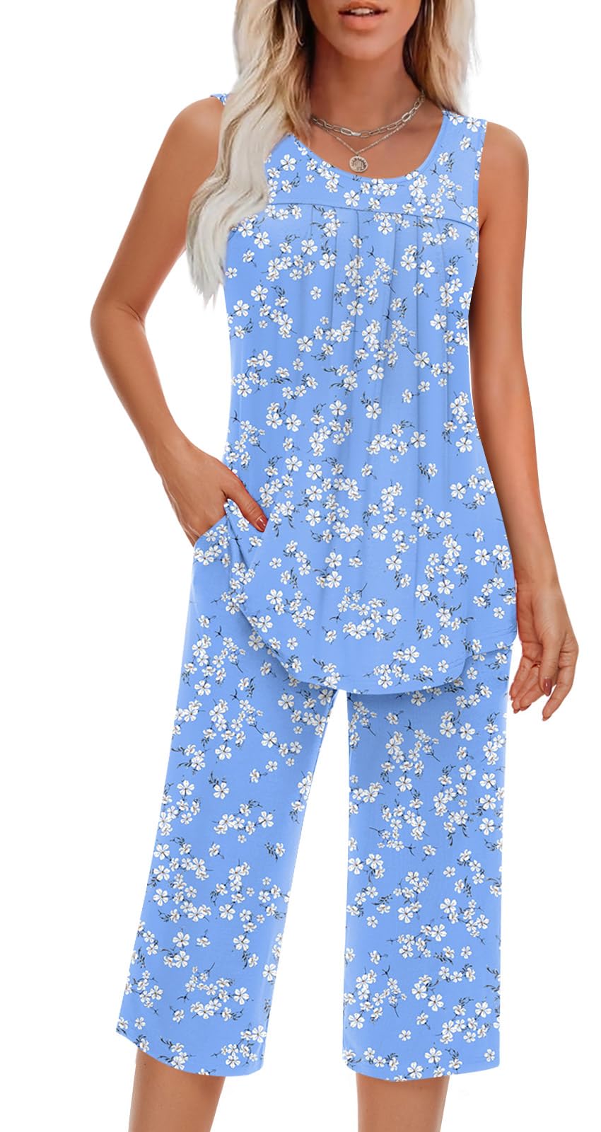 Findsweet Women Pajamas Sets Loungewear Soft Sleepwear Two Piece Summer Sleeveless Pjs Tank Top Pants with Pocket S-4XL