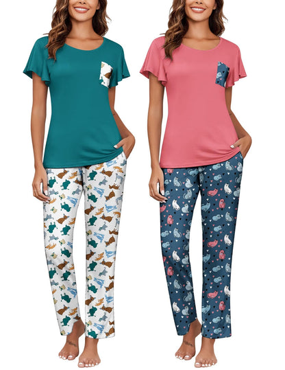 Ekouaer Pajamas for Women Set 2 Piece Comfy Loungewear, Lightweight Pjs Sleepwear, Short Sleeve Top & Long Pants with Pockets