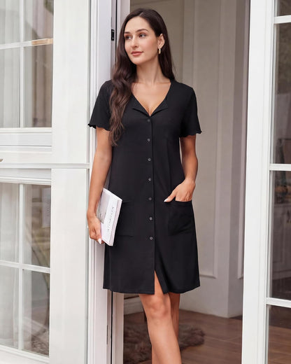 ZOOSIXX Nightgowns for Women - Short Sleeve Sleepwear Button Up Pajamas for Women V-Neck Sleepwear Dress with Pockets