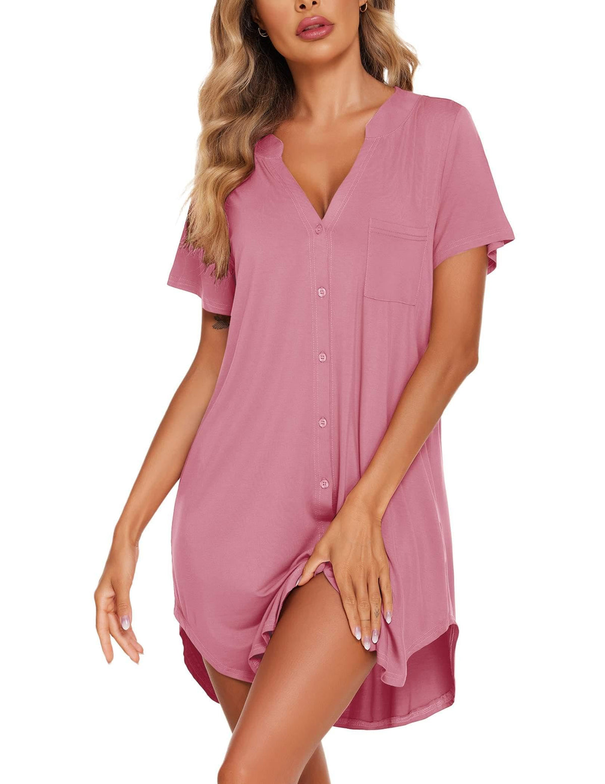 Ekouaer Womens Nightgown V Neck Button Down Sleepshirts Soft Sleepdress