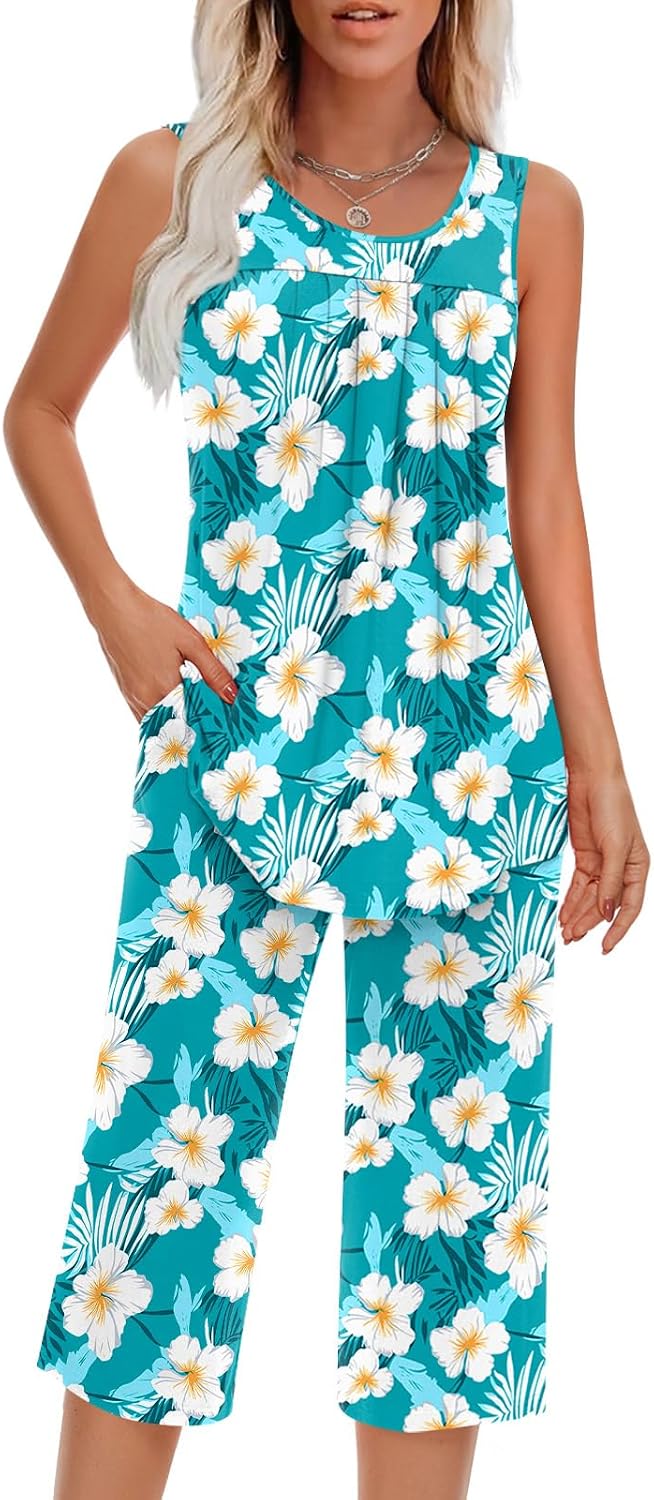 Findsweet Women Pajamas Sets Loungewear Soft Sleepwear Two Piece Summer Sleeveless Pjs Tank Top Pants with Pocket S-4XL