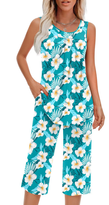 Findsweet Women Pajamas Sets Loungewear Soft Sleepwear Two Piece Summer Sleeveless Pjs Tank Top Pants with Pocket S-4XL