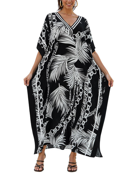 NFVNKJ Plus Size Mumu Dresses for Women - Boho Batwing Sleeve Caftan with Side Slits, Long Moo Moo Nightgown & Beach Cover Up