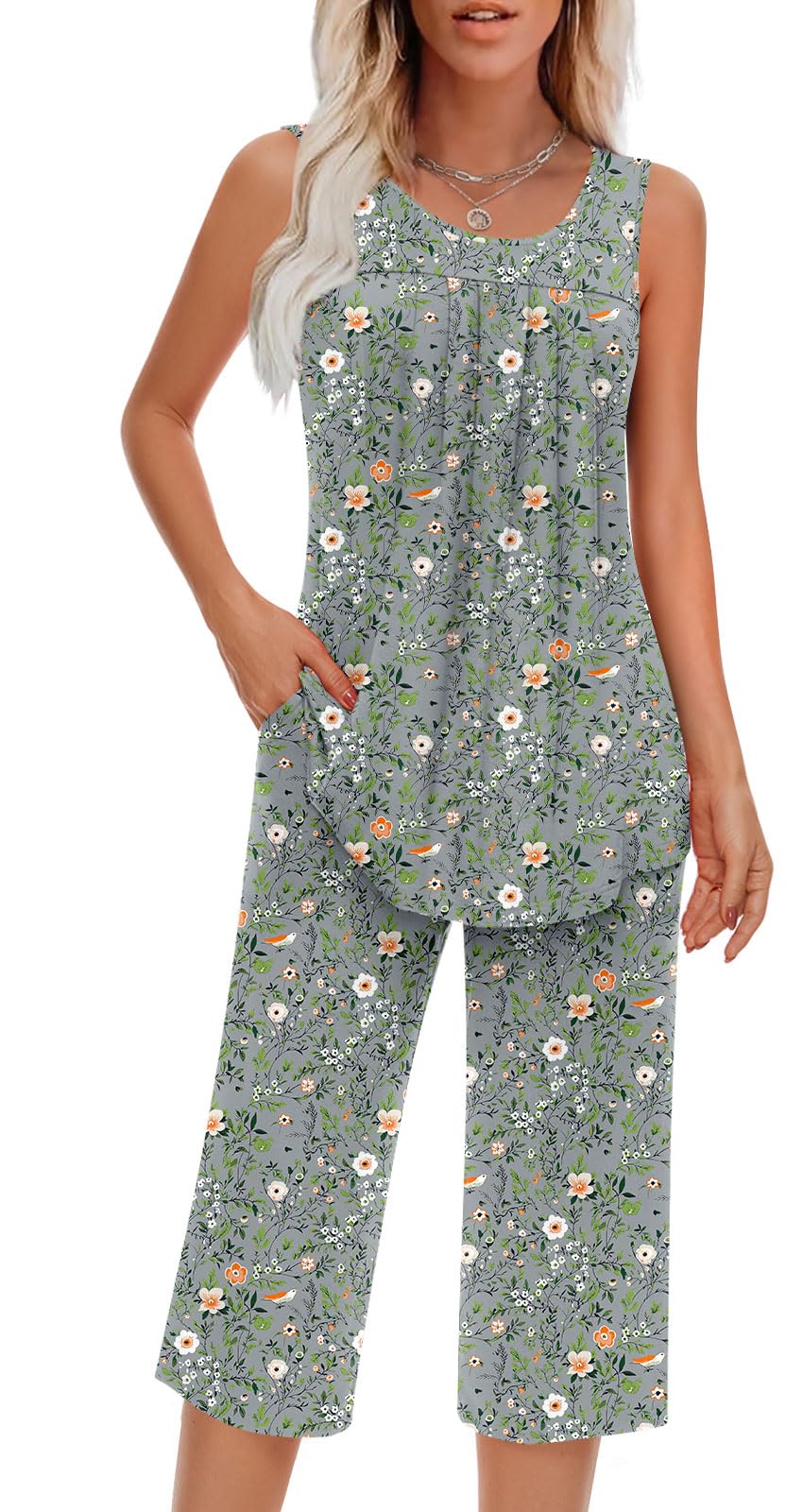 Findsweet Women Pajamas Sets Loungewear Soft Sleepwear Two Piece Summer Sleeveless Pjs Tank Top Pants with Pocket S-4XL