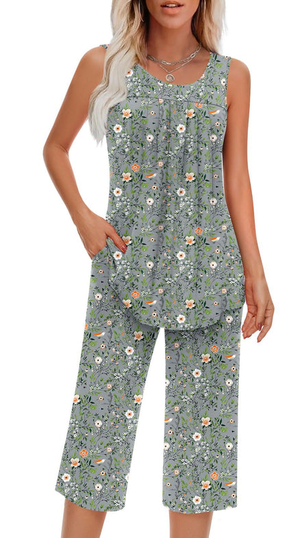 Findsweet Women Pajamas Sets Loungewear Soft Sleepwear Two Piece Summer Sleeveless Pjs Tank Top Pants with Pocket S-4XL