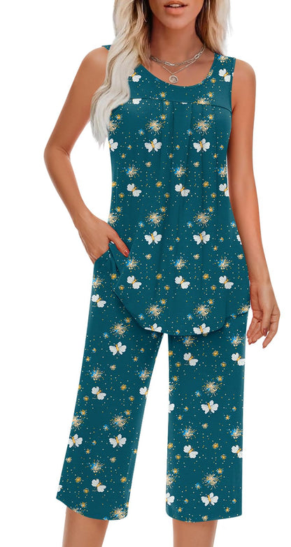 Findsweet Women Pajamas Sets Loungewear Soft Sleepwear Two Piece Summer Sleeveless Pjs Tank Top Pants with Pocket S-4XL