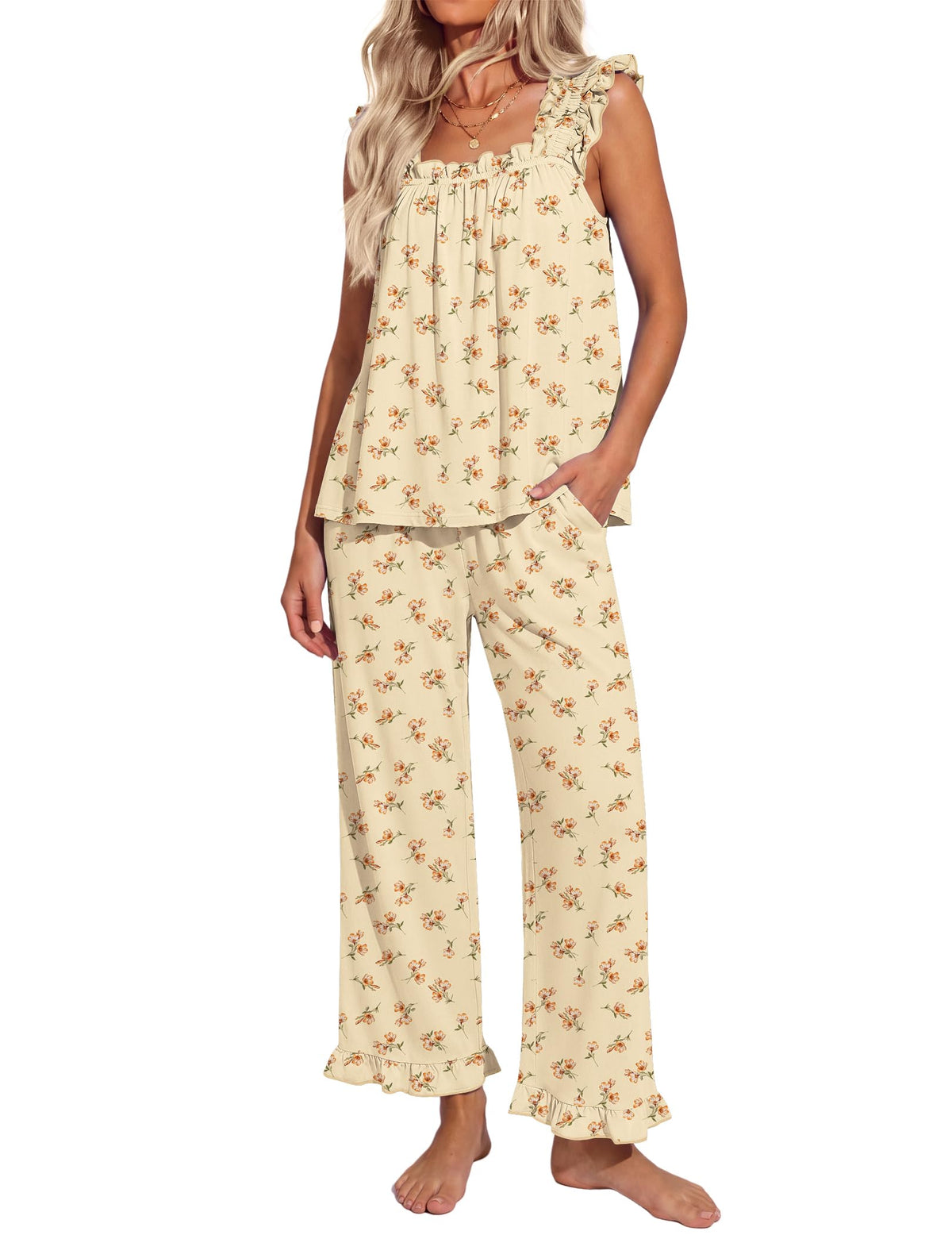 Ekouaer Pajamas for Women Set 2 Piece Ruffle Sleeveless Pj Bridal Sleepwear