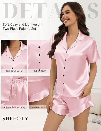 Silk Pajamas for Women Button Down 2 Piece Satin Pjs Shorts Set Ruffle Notch Collar Sleepwear Loungewear