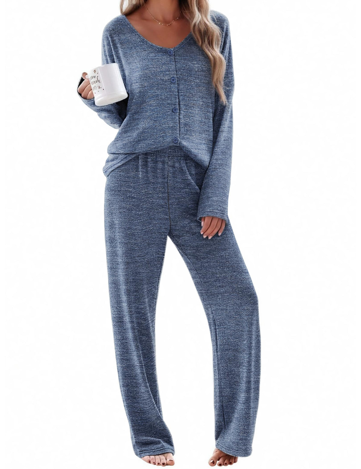 Ekouaer Womens Pajama Sets Button Up Long Sleeve Lounge Set Soft V Neck Pj