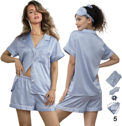 WJing Yi Jia 5Pcs Womens Soft Satin Pajama Set XS-4XL Button-Down Silk Pajamas Floral Sleepwear Bridal Pjs Lounge Pj Sets