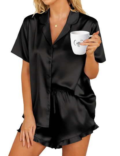 HOTOUCH Womens Satin Pajamas Set Button Down 2 Piece Ruffle Shorts Set