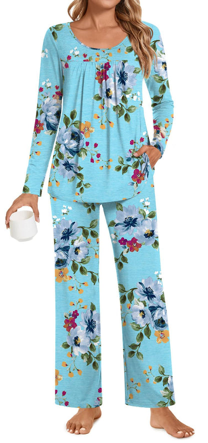 POPYOUNG Womens Pajama Set 2 Pieces Fall Pjs Comfy Sleepwear with Pockets