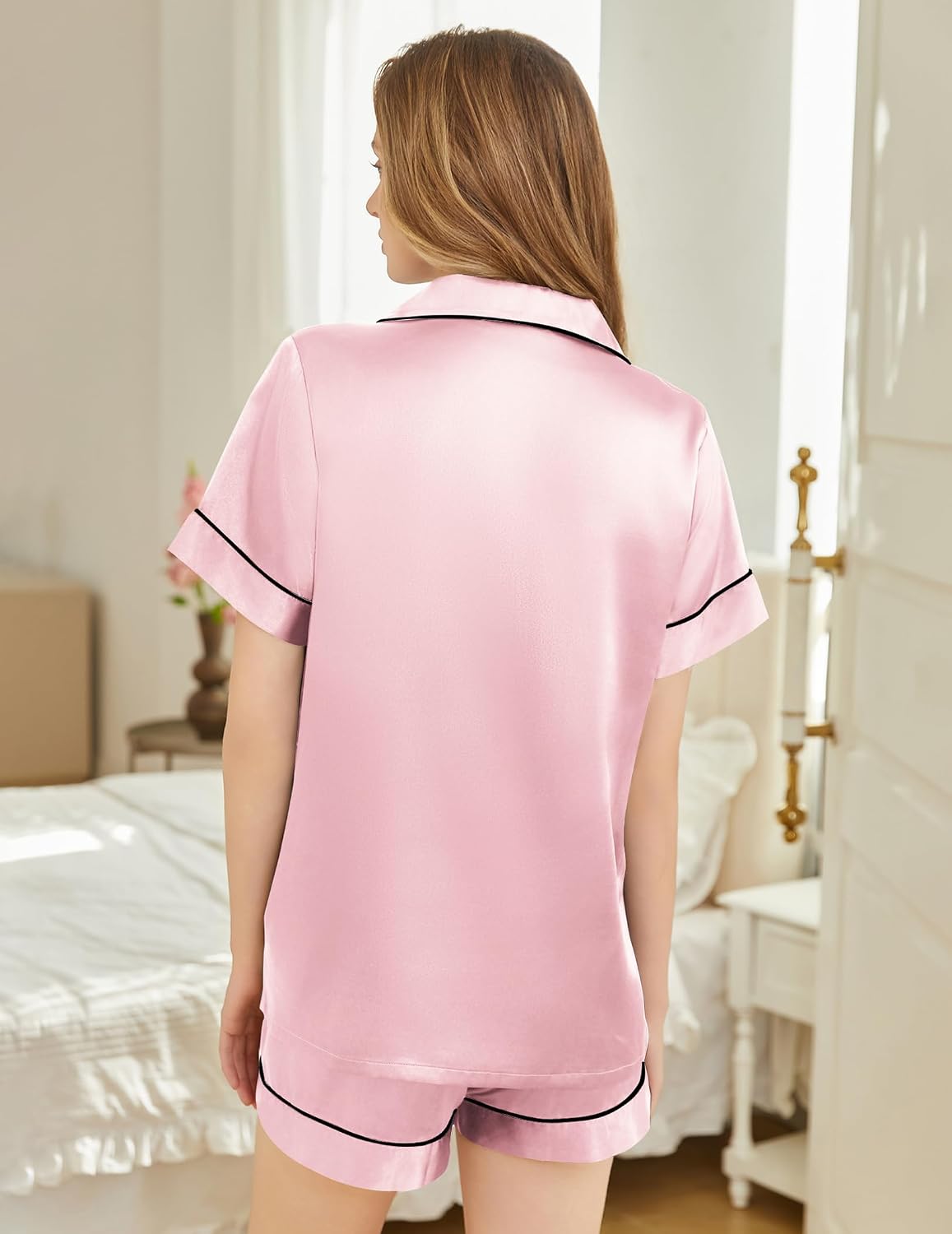 Silk Pajamas for Women Short Sleeve Sleepwear Soft Button Down Loungewear 2 Piece Satin Pjs Shorts Set S-XXL