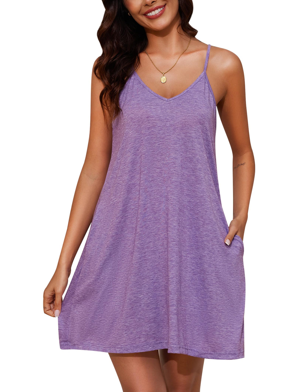 Marvmys Womens Cotton Sleeveless Nightgown Spaghetti Strap V Neck Full Slip Sleep Dress with Pockets