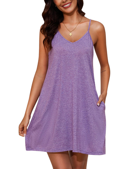 Marvmys Womens Cotton Sleeveless Nightgown Spaghetti Strap V Neck Full Slip Sleep Dress with Pockets