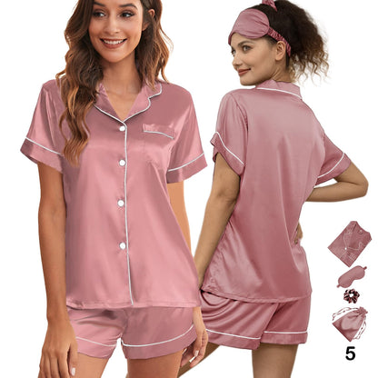 WJing Yi Jia 5Pcs Womens Soft Satin Pajama Set XS-4XL Button-Down Silk Pajamas Floral Sleepwear Bridal Pjs Lounge Pj Sets