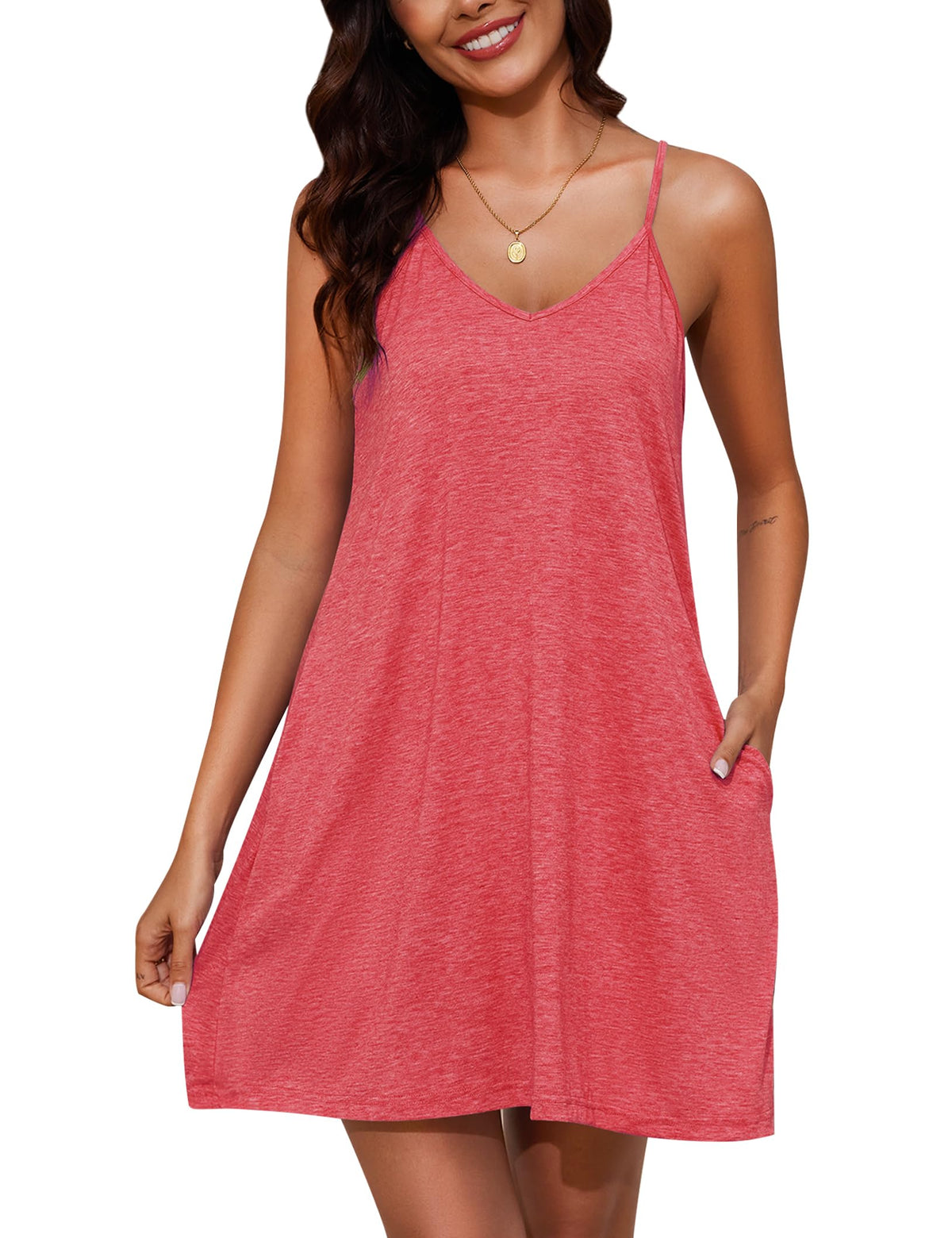 Marvmys Womens Cotton Sleeveless Nightgown Spaghetti Strap V Neck Full Slip Sleep Dress with Pockets