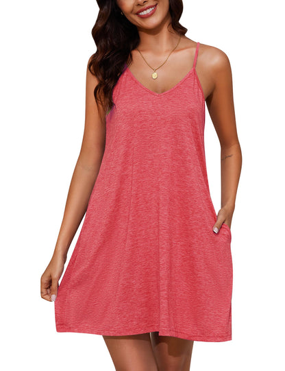 Marvmys Womens Cotton Sleeveless Nightgown Spaghetti Strap V Neck Full Slip Sleep Dress with Pockets