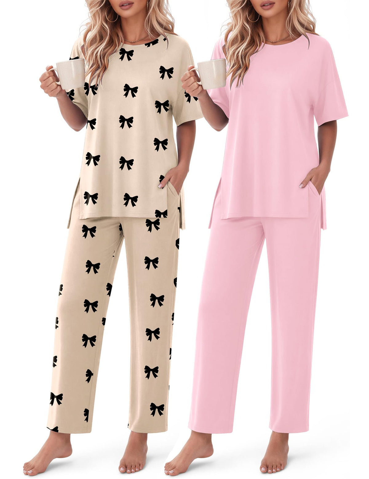 Ekouaer Women's Lounge Sets Short Sleeve Top Long Pants 2 Piece Outfit Set