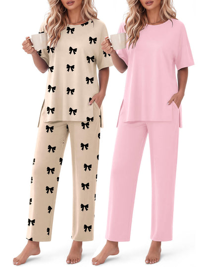 Ekouaer Women's Lounge Sets Short Sleeve Top Long Pants 2 Piece Outfit Set