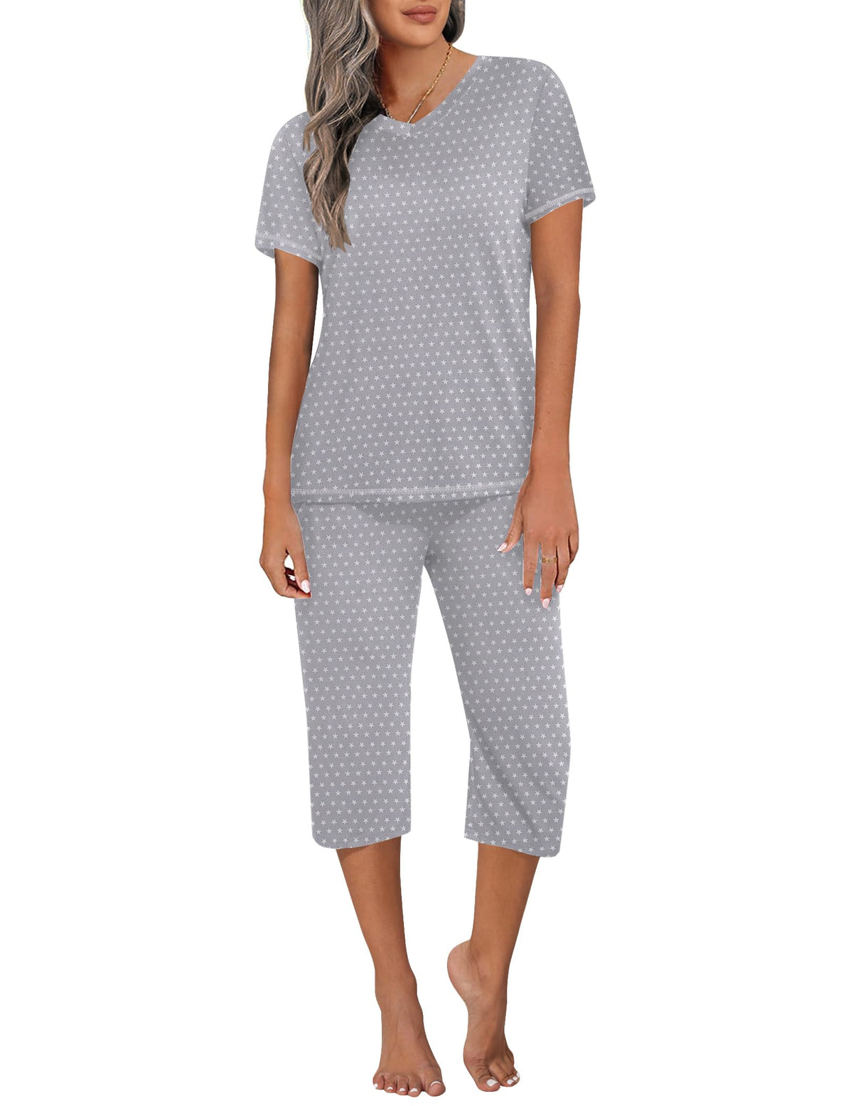 Ekouaer Women's Capri Pajama Sets Short Sleeve Two Piece Summer Lounge Sets