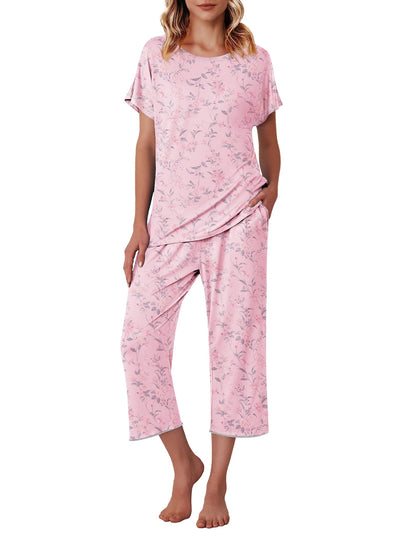 Ekouaer Womens Capri Pajama Sets Print Short Sleeve Sleepwear Top and Pants