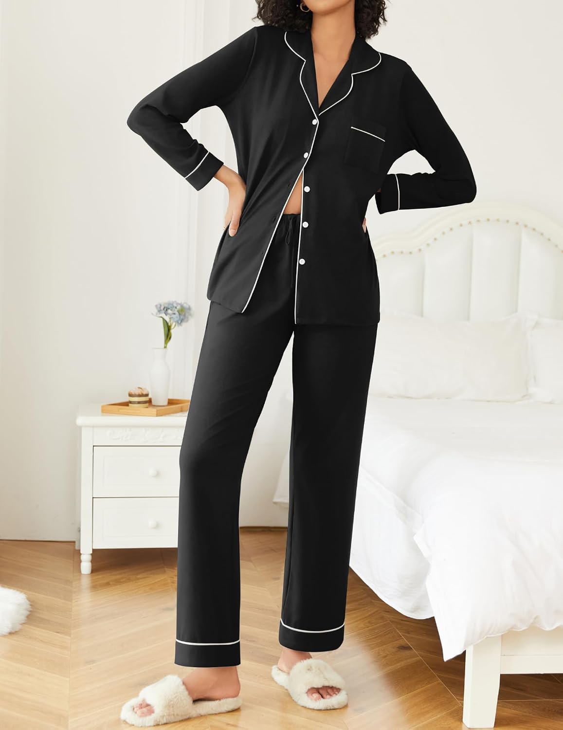 Ekouaer Womens Pajamas Set Button Down Long Sleeve Top & Pants Lounge Sets