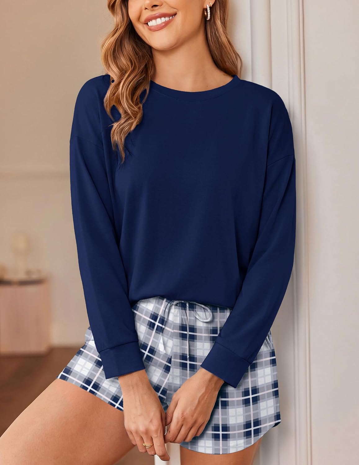 Ekouaer Womens Pajama Sets Long Sleeve Top and Shorts Lounge Set Sleepwear