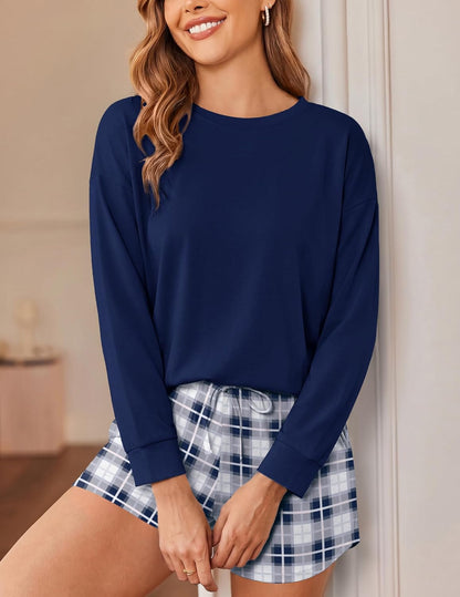 Ekouaer Womens Pajama Sets Long Sleeve Top and Shorts Lounge Set Sleepwear