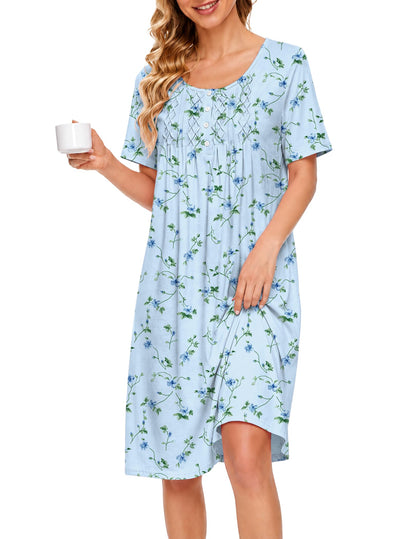 Ekouaer Cotton Nightgowns for Women Short Sleeve House Dress Pleated Moomoo