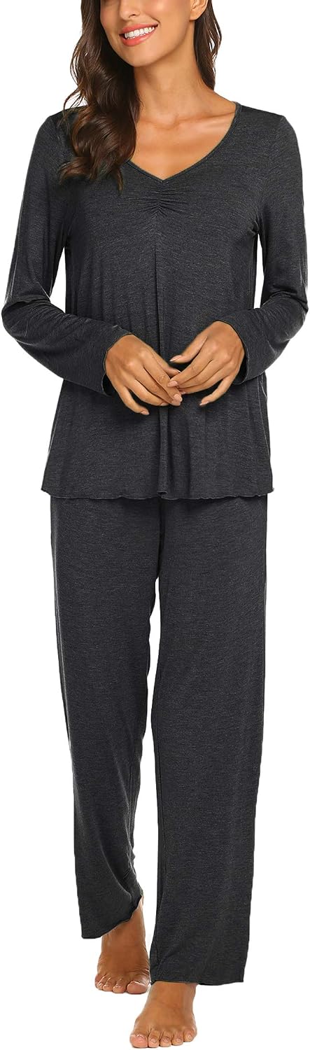 Ekouaer Pajamas for Women Set Long Sleeve Pleated Top and Pants Loungewear