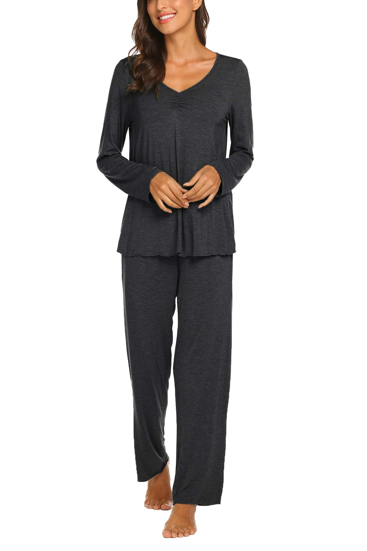 Ekouaer Pajamas for Women Set Long Sleeve Pleated Top and Pants Loungewear
