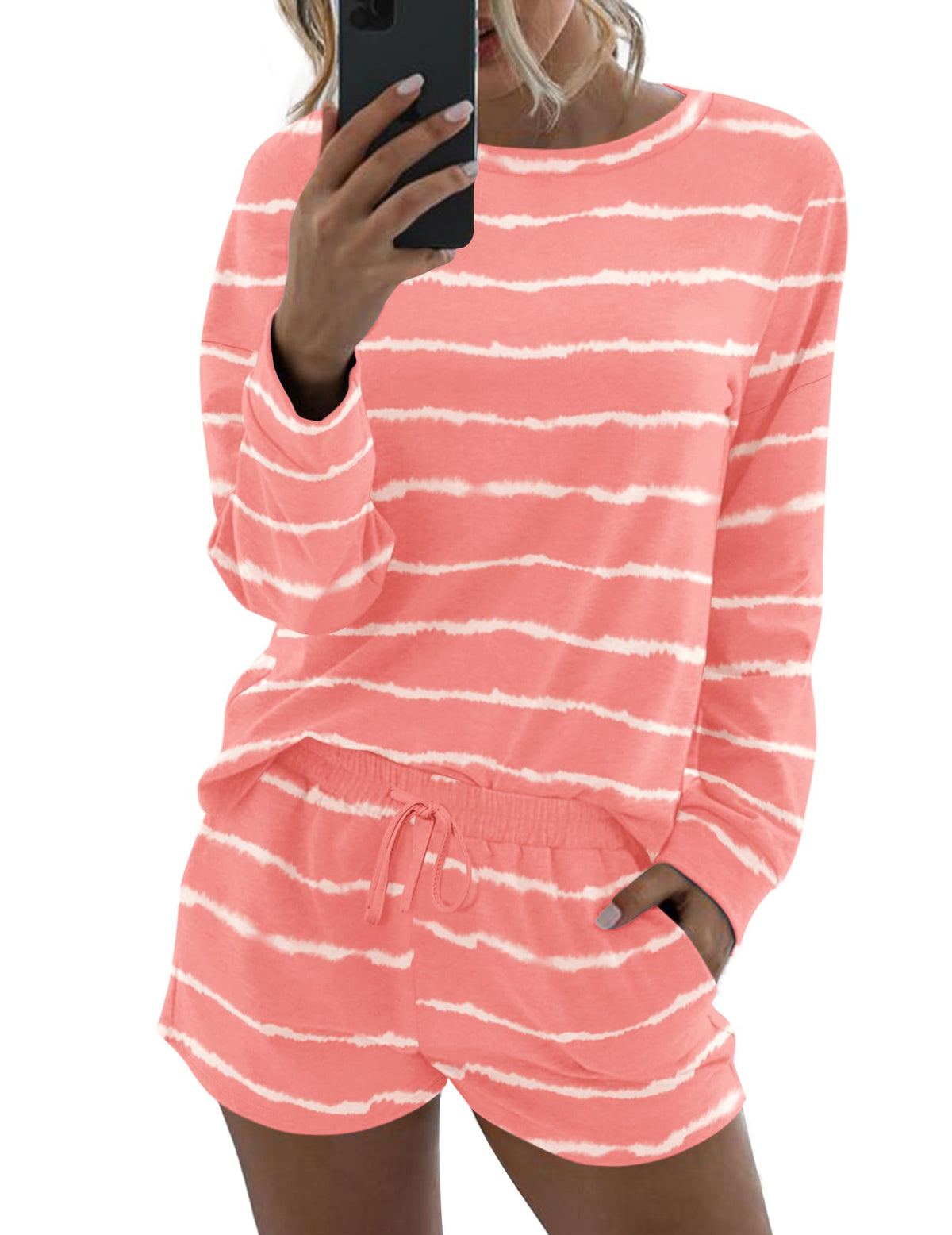 Ekouaer Womens Pajama Sets Long Sleeve Top and Shorts Lounge Set Sleepwear