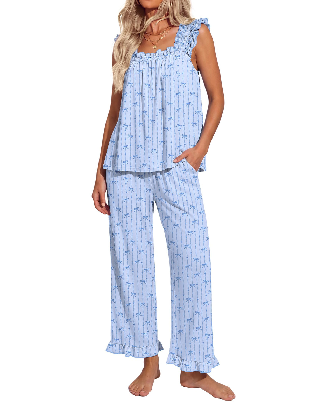 Ekouaer Pajamas for Women Set 2 Piece Ruffle Sleeveless Pj Bridal Sleepwear
