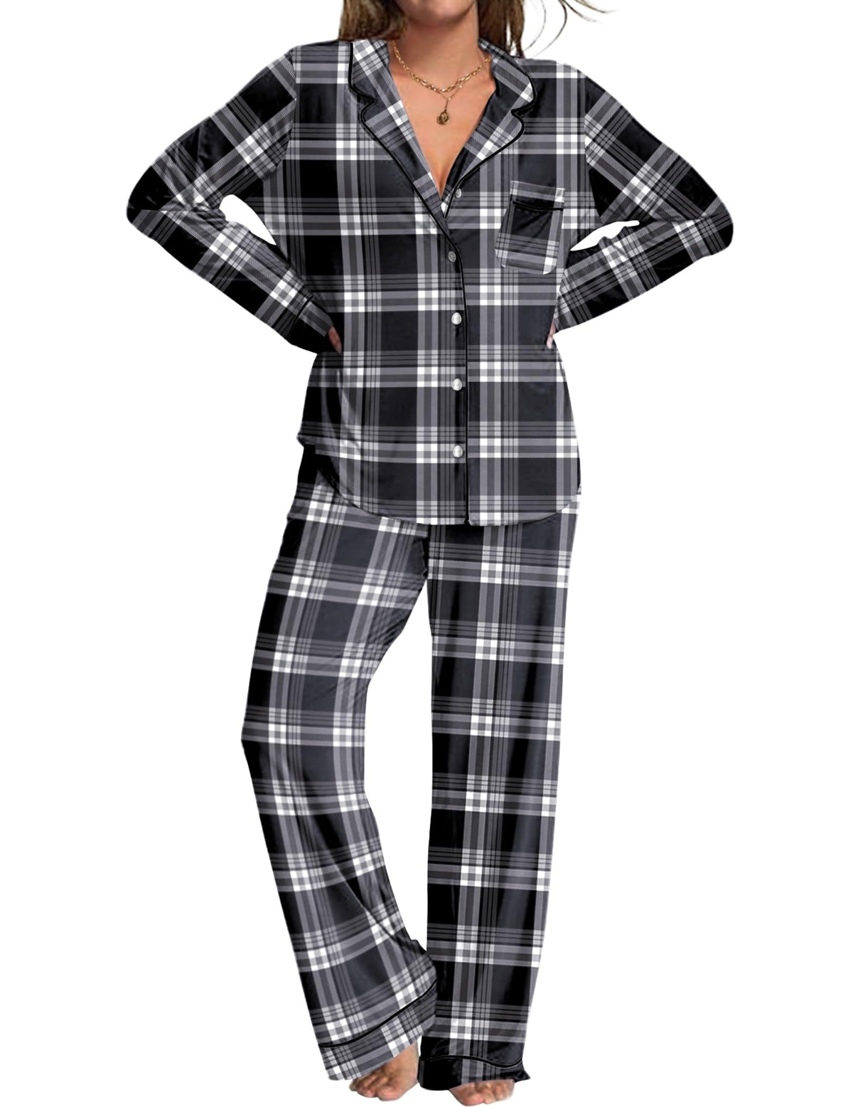 Ekouaer Womens Pajamas Set Button Down Long Sleeve Top & Pants Lounge Sets