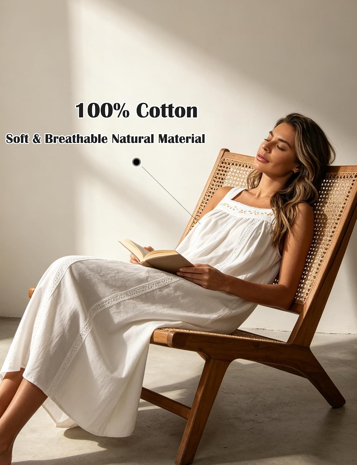 YOZLY Cotton Nightgowns for Women Embroidery Sleeveless Night Gown with Pockets S-XXXL